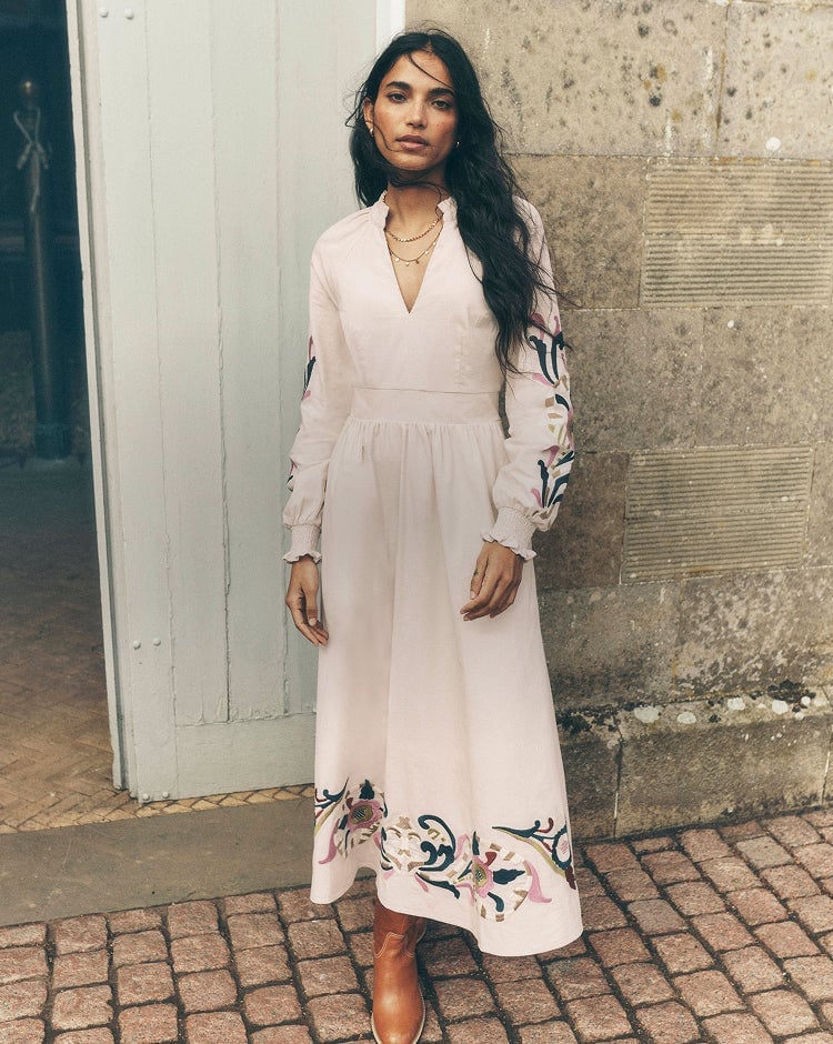 Pale pink linen blend midi dress with floral embroidery — Dresses to Wear