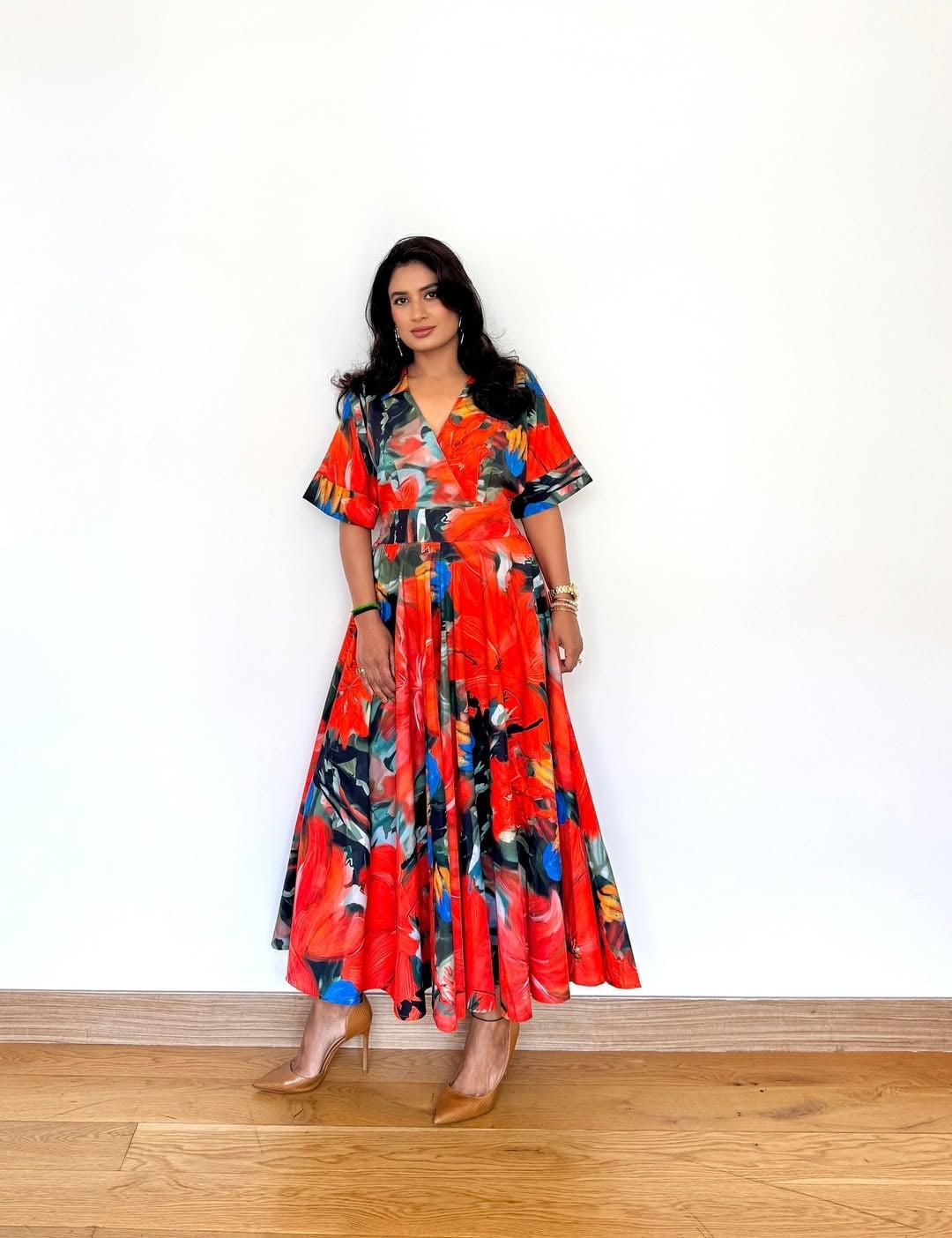 Red, blue, and green abstract floral print maxi dress — Dresses to Wear