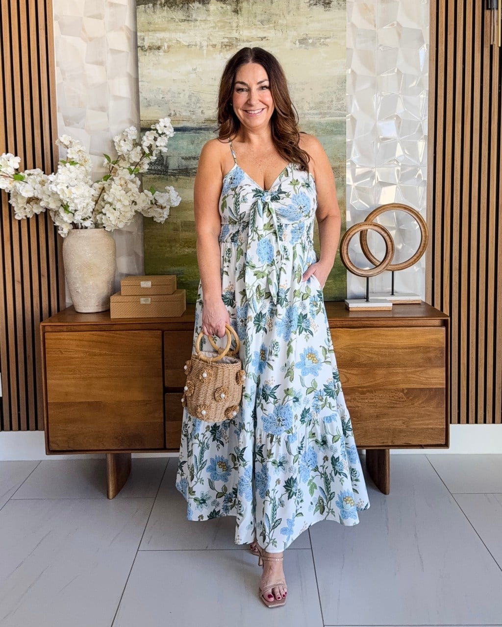 White floral print maxi dress with tie-front bodice — Dresses to Wear