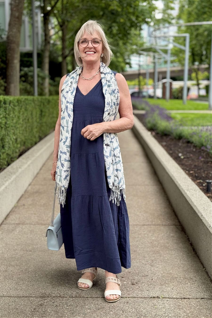Navy blue tiered maxi dress with printed scarf — Dresses to Wear