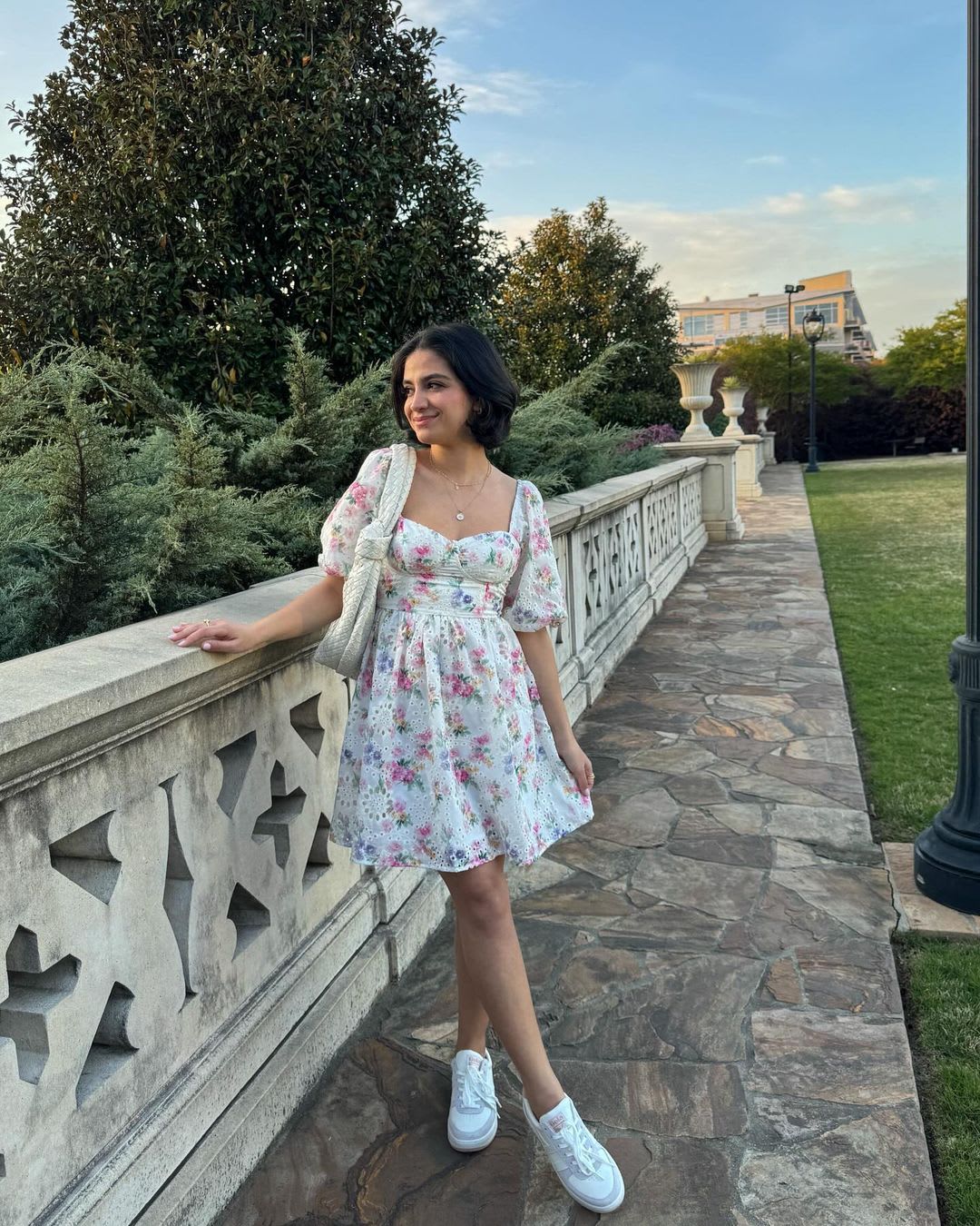 White floral mini dress with puff sleeves and eyelet details — Dresses to Wear