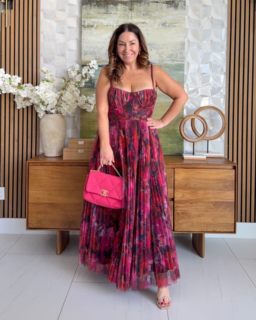 Pink and purple floral pleated camisole dress for parties — Dresses to Wear