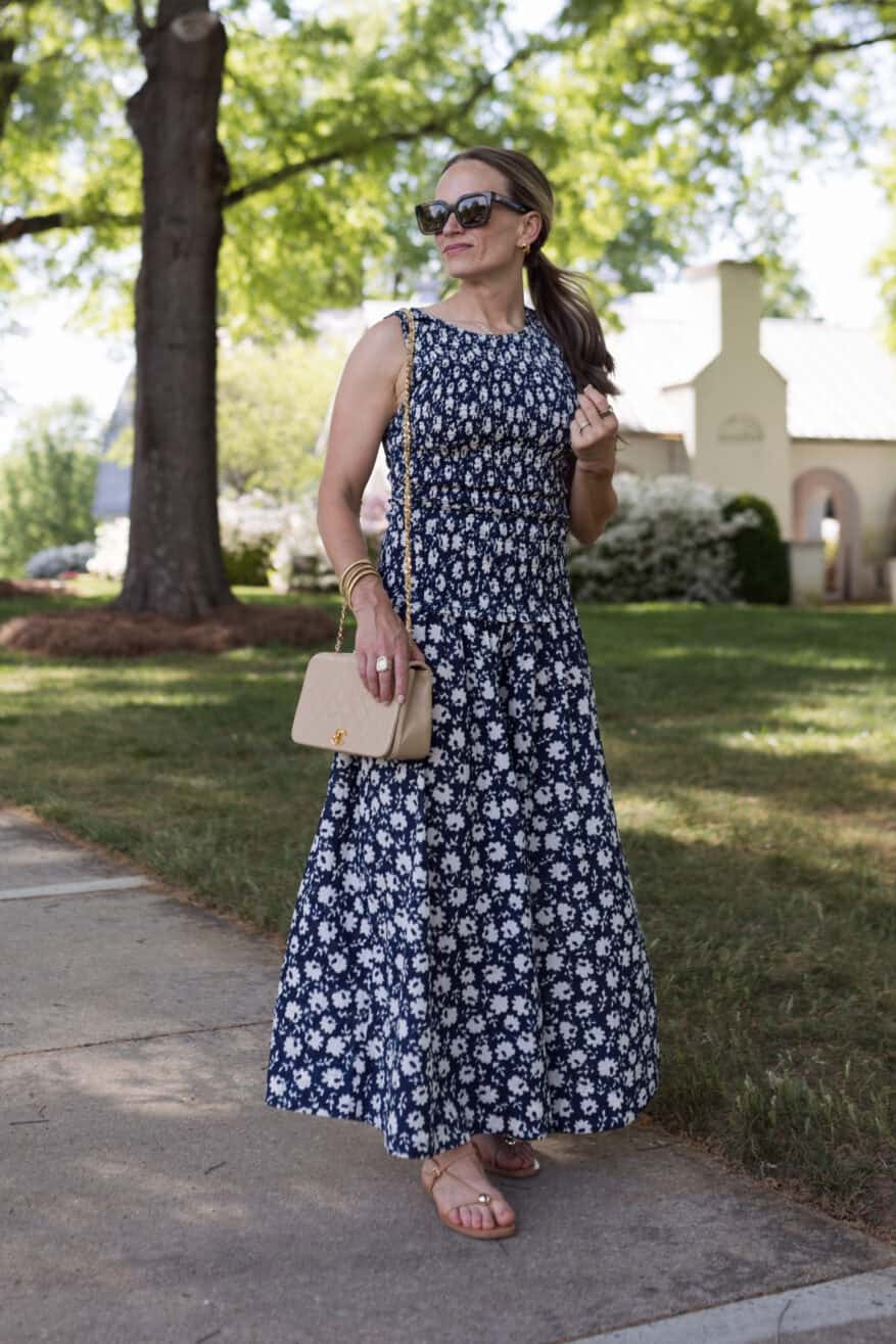 Navy blue floral print maxi dress with smocked bodice — Dresses to Wear