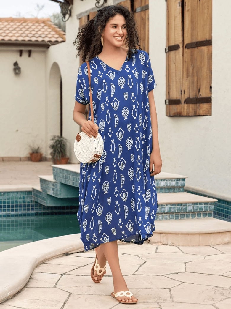 Blue short sleeve midi dress with white fish print — Dresses to Wear