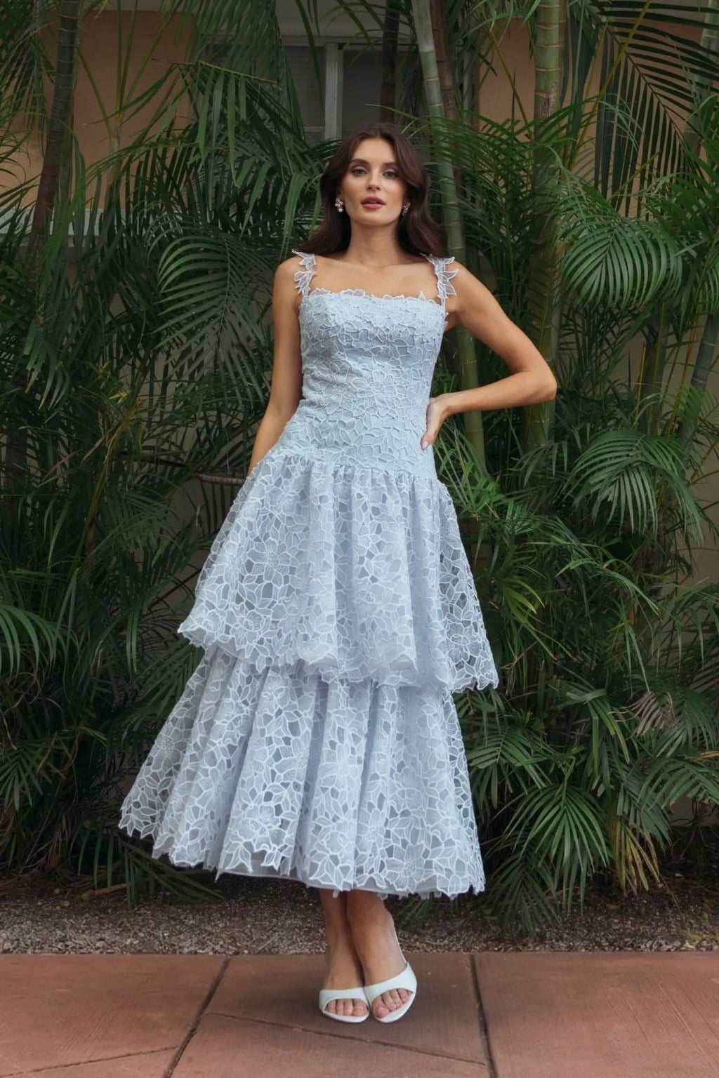 Light blue tiered lace midi dress with square neckline — Dresses to Wear