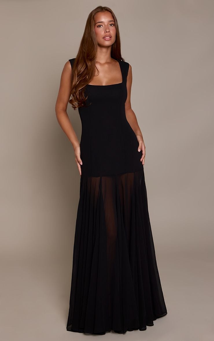 Black sleeveless maxi dress with square neckline and sheer panel — Dresses to Wear