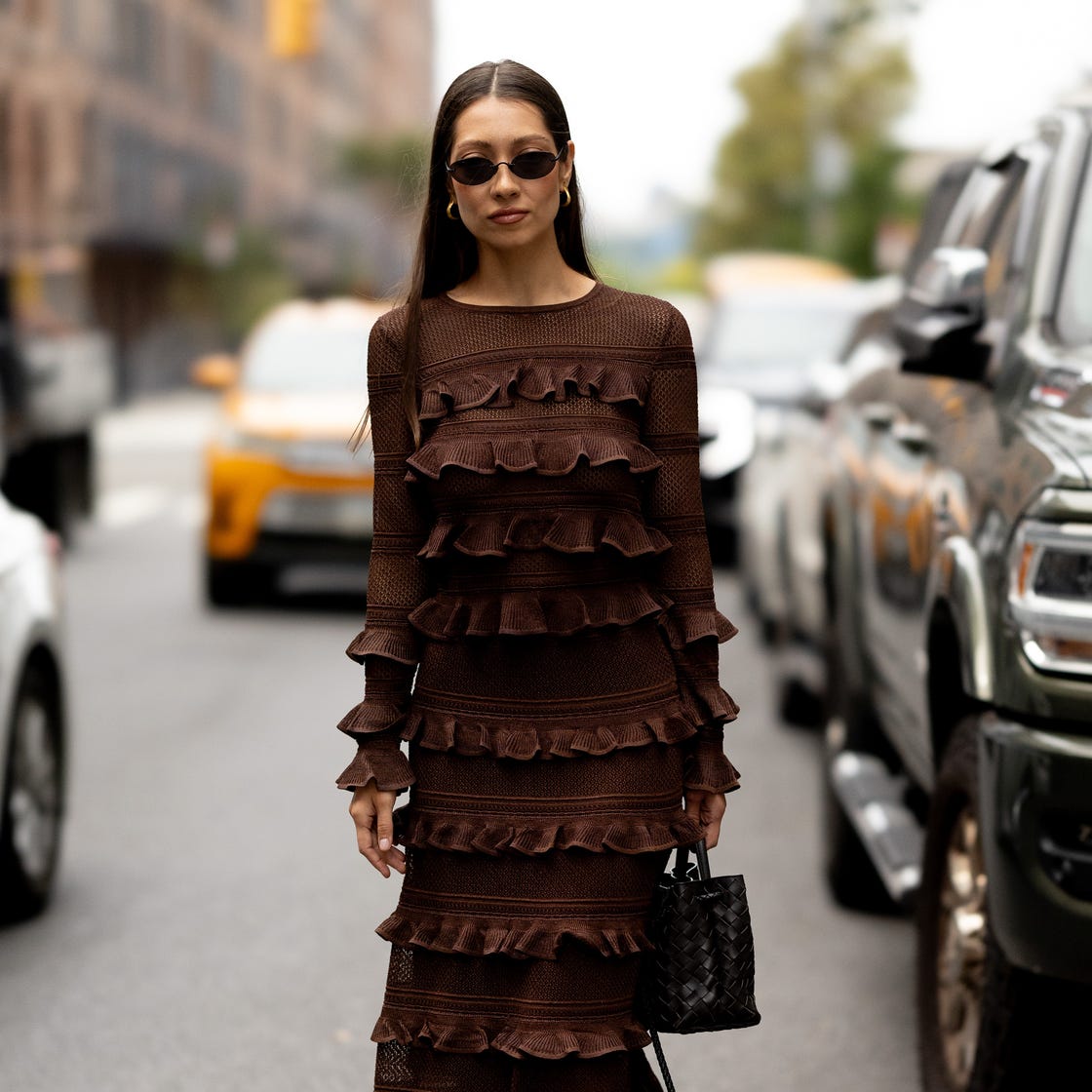 Brown long sleeve knit dress with tiered ruffle texture — Dresses to Wear