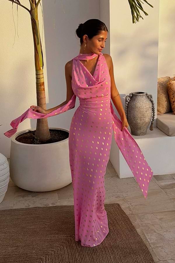 Pink maxi dress with gold polka dots and halter neck — Dresses to Wear