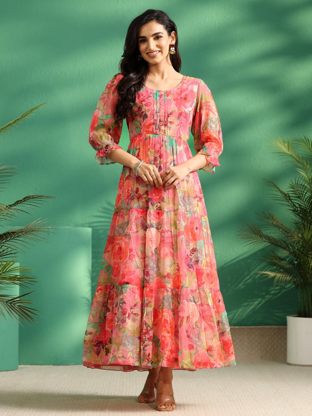 Vibrant floral print tiered maxi dress with puff sleeves — Dresses to Wear