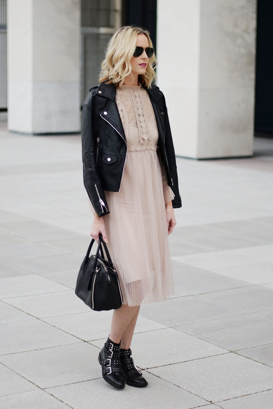 Leather Jacket Over Sheer Overlay Dress Leather Jacket Over Sheer Overlay Dress — Edgy Outfits