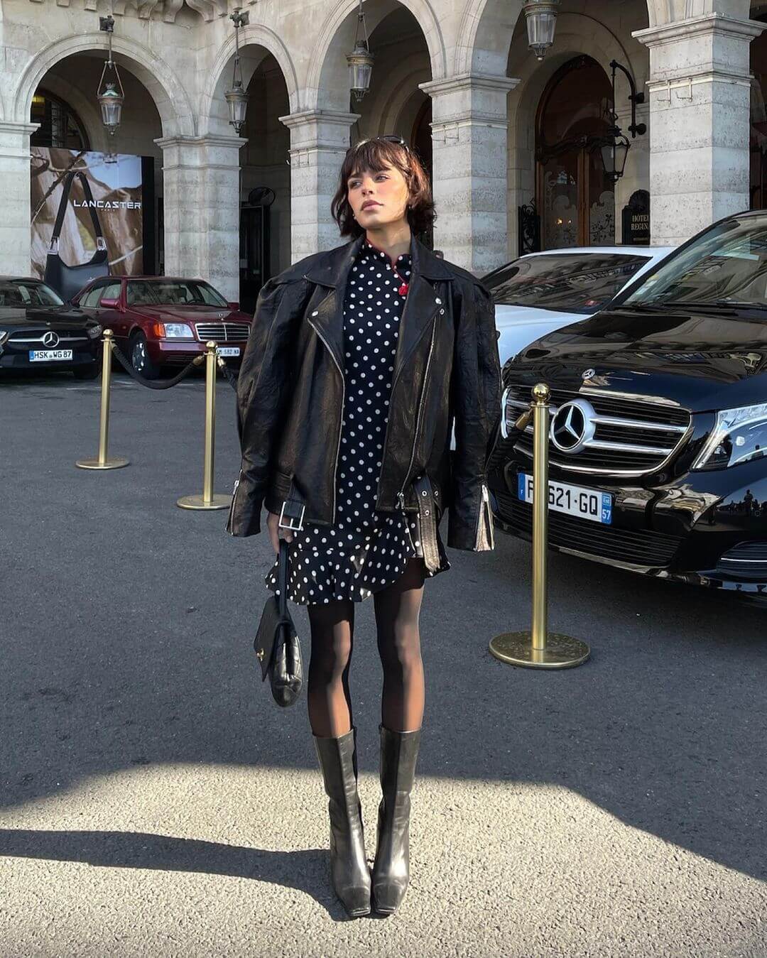 Oversized Leather Jacket Over Polka Dot Dress Oversized Leather Jacket Over Polka Dot Dress — Edgy Outfits