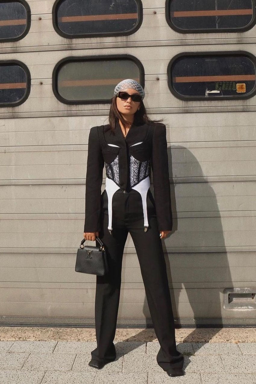 Structured Blazer Over Lace Corset Structured Blazer Over Lace Corset — Edgy Outfits