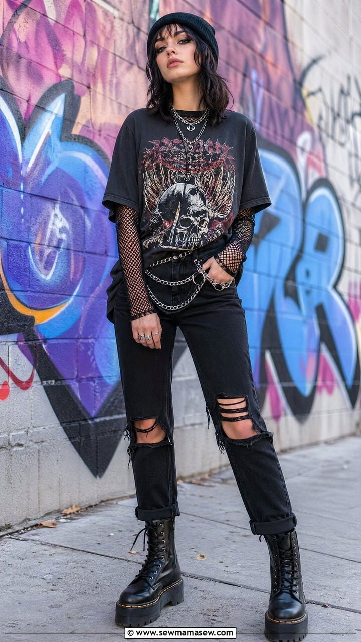 Graphic Tee With Ripped Jeans And Fishnet Graphic Tee With Ripped Jeans And Fishnet — Edgy Outfits