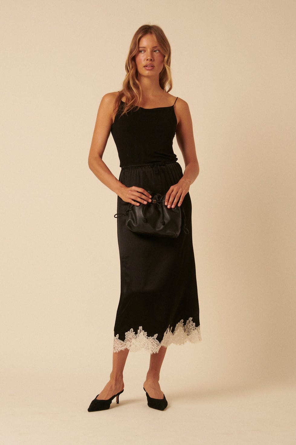 Black satin midi skirt with lace trim and camisole — Elegant Black Satin Skirt Outfit