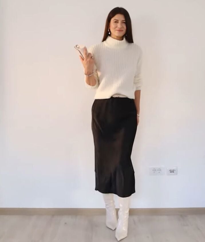Black satin midi skirt with white ribbed turtleneck — Elegant Black Satin Skirt Outfit