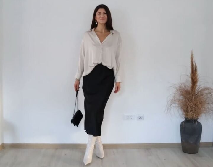 Black satin pencil skirt with beige satin button-up shirt — Elegant Black Satin Skirt Outfit