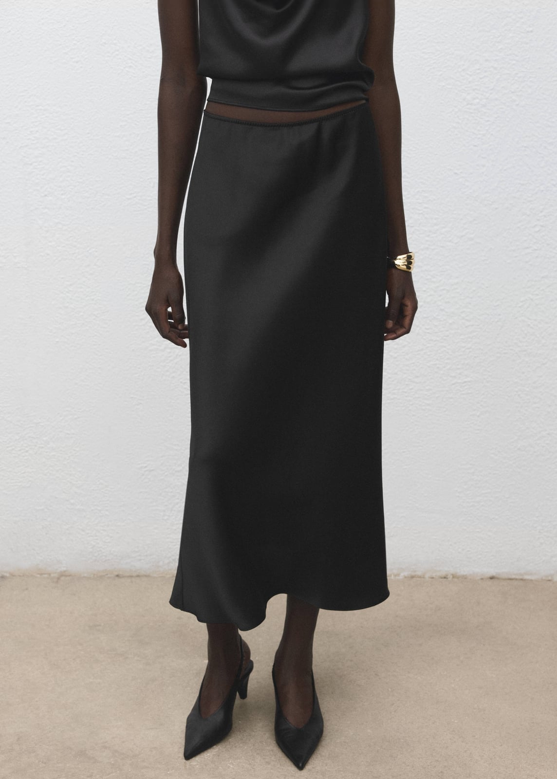 Black satin A-line skirt with cowl neck satin top — Elegant Black Satin Skirt Outfit