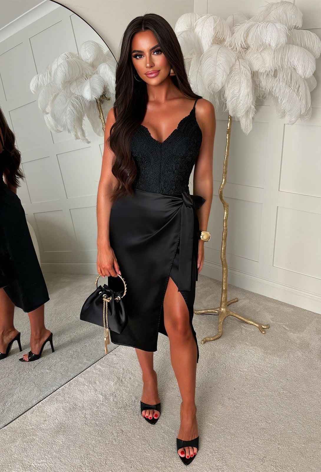 Black satin wrap midi skirt with lace bodysuit — Elegant Black Satin Skirt Outfit