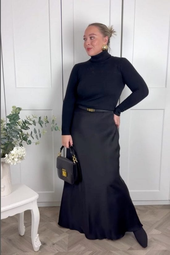 Black satin midi skirt with black turtleneck sweater — Elegant Black Satin Skirt Outfit