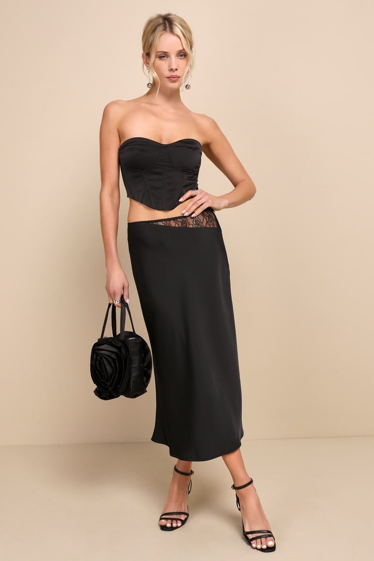 Black satin midi skirt with lace waist inset and corset top — Elegant Black Satin Skirt Outfit