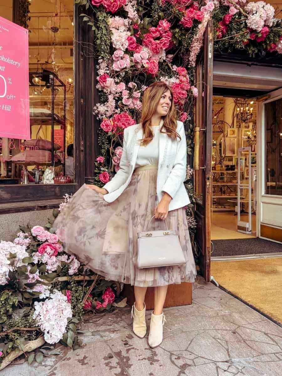 Textured Boucle Jacket with Floral Tulle Skirt Textured Boucle Jacket with Floral Tulle Skirt — Elegant Feminine Outfits