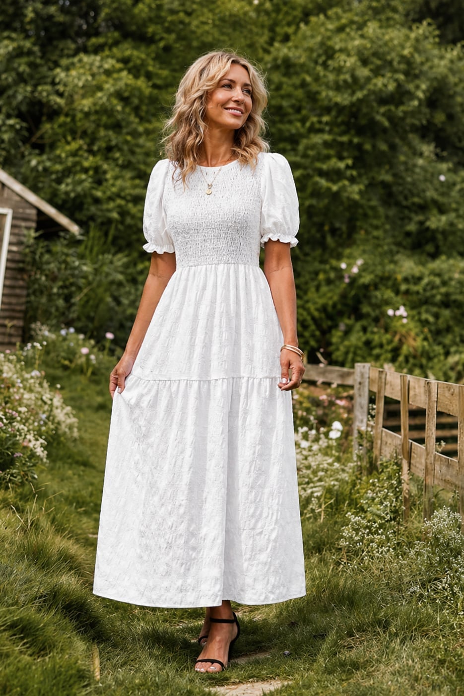 White Textured Maxi Dress with Puff Sleeves White Textured Maxi Dress with Puff Sleeves — Elegant Feminine Outfits