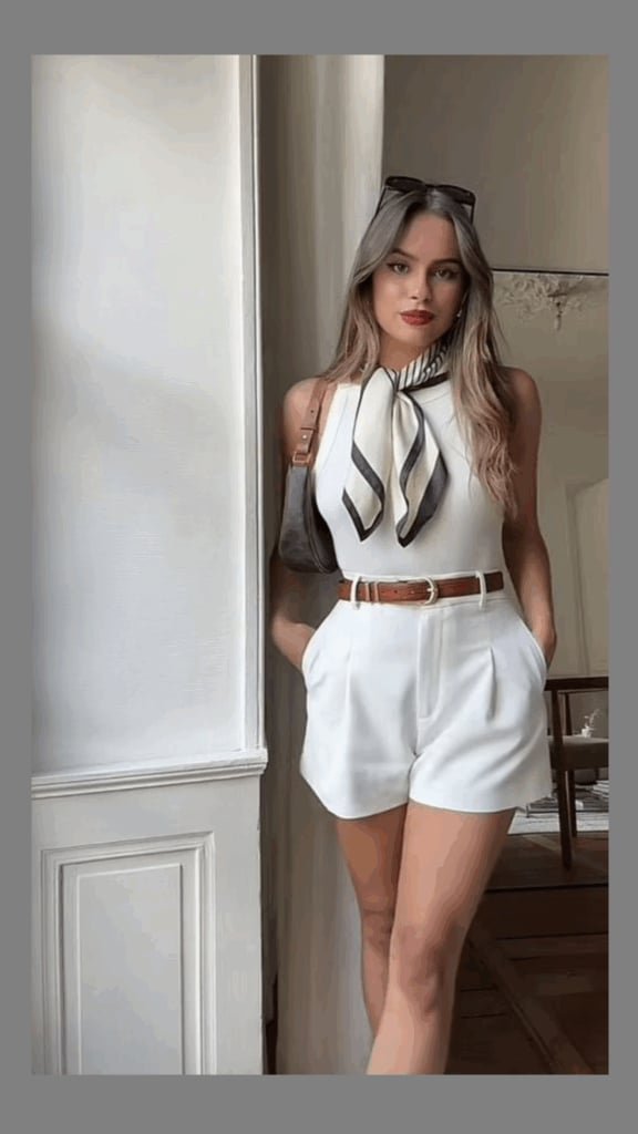 White Tank Top and Pleated Shorts with Neck Scarf White Tank Top and Pleated Shorts with Neck Scarf — Elegant Feminine Outfits