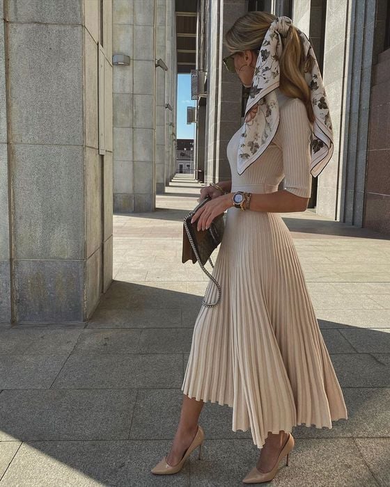 Ribbed Knit Midi Dress with Scarf Accent Ribbed Knit Midi Dress with Scarf Accent — Elegant Feminine Outfits