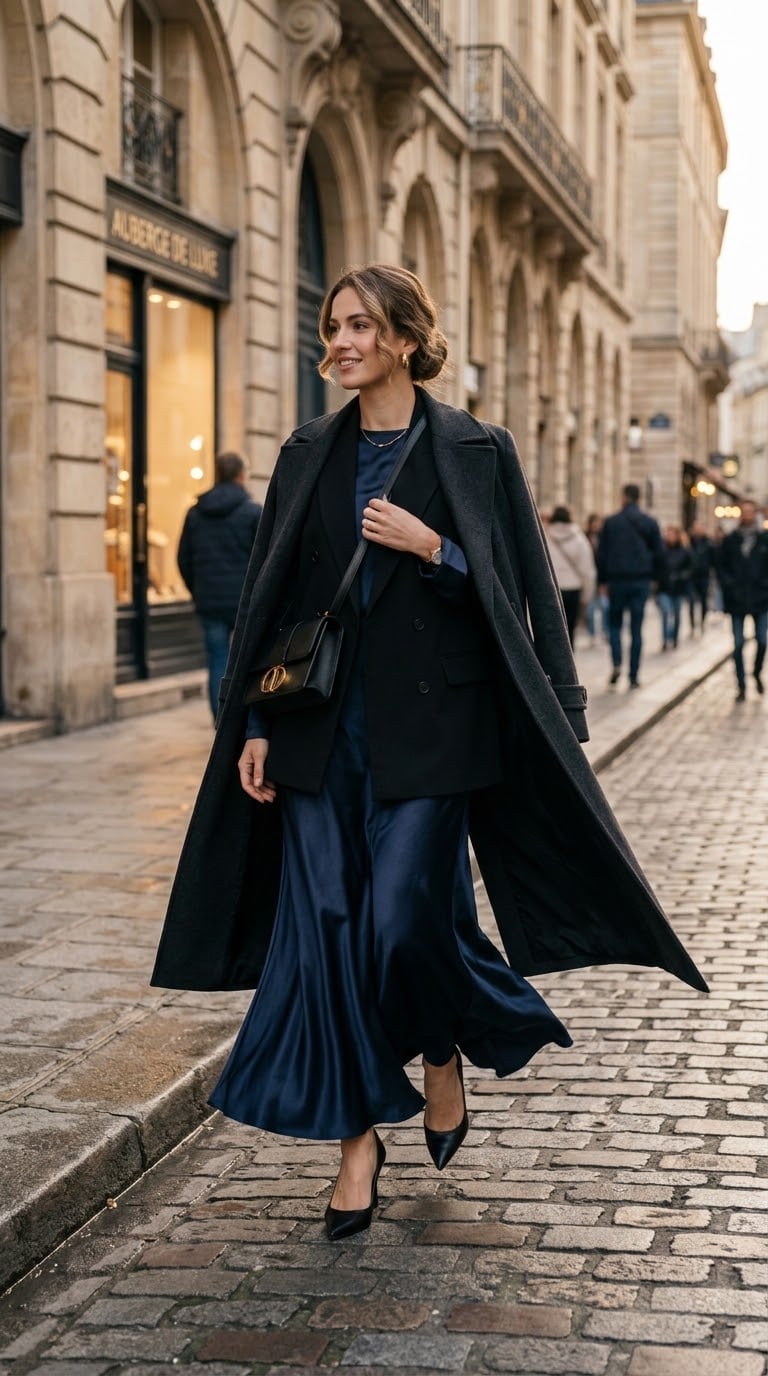 Flowing Satin Maxi Dress with Long Coat Layering Flowing Satin Maxi Dress with Long Coat Layering — Elegant Feminine Outfits