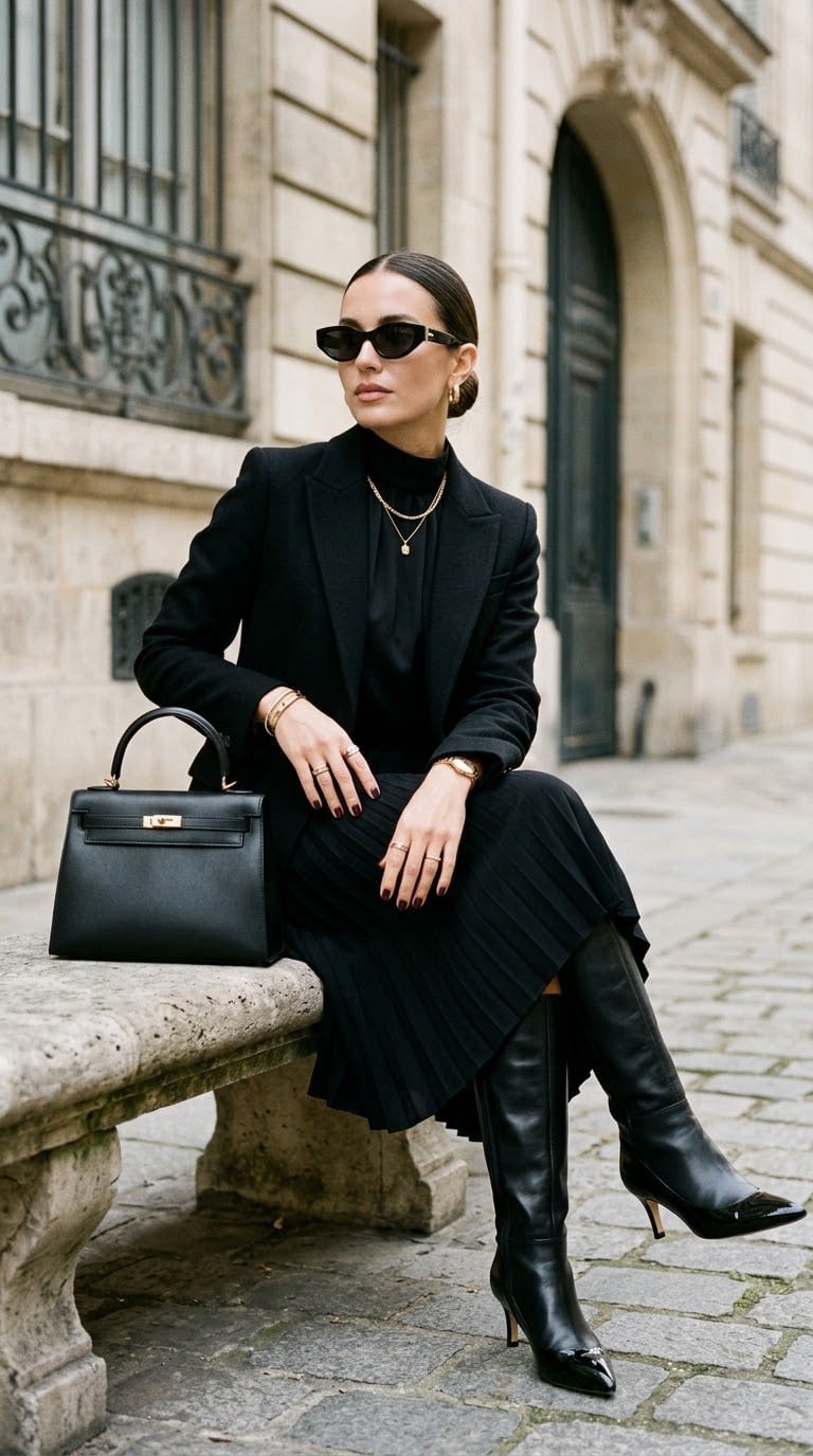 Sophisticated All Black Ensemble with Pleated Skirt Sophisticated All Black Ensemble with Pleated Skirt — Elegant Feminine Outfits
