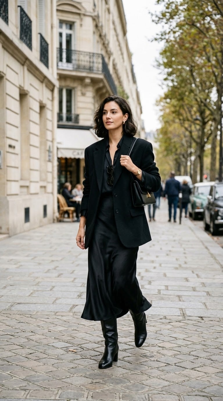Relaxed Black Oversized Blazer and Silk Blouse Relaxed Black Oversized Blazer and Silk Blouse — Elegant Feminine Outfits