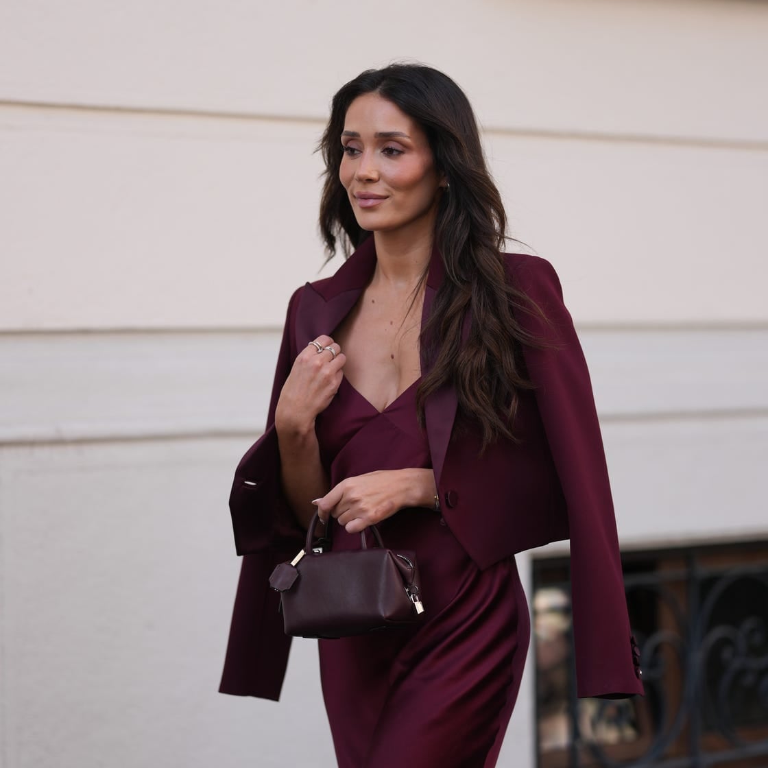 Burgundy Satin Slip Dress with Cropped Blazer Burgundy Satin Slip Dress with Cropped Blazer — Elegant Feminine Outfits