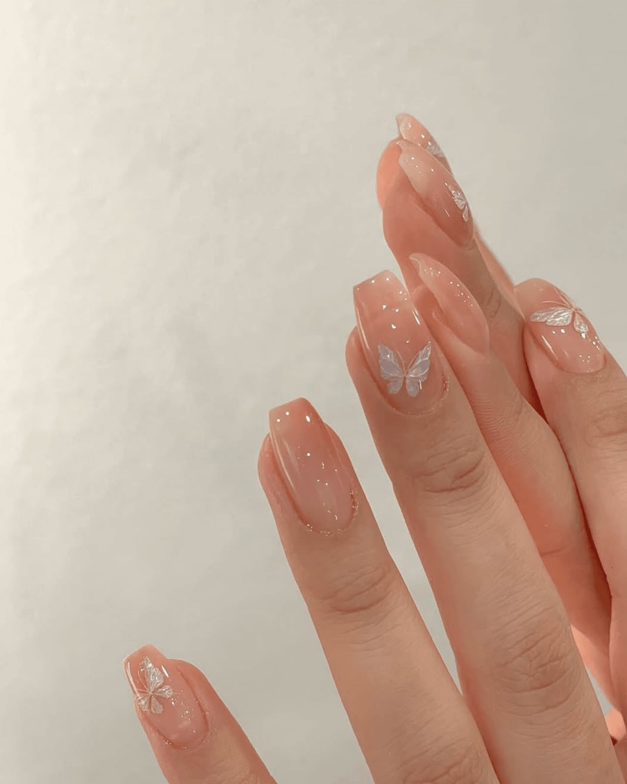 Long Coffin Sheer Nude Pink With 3D Butterflies Long Coffin Sheer Nude Pink With 3D Butterflies — Elegant Korean Nail Art