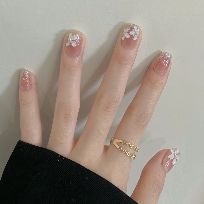 Short Almond Pink Ombre With White Flowers Short Almond Pink Ombre With White Flowers — Elegant Korean Nail Art