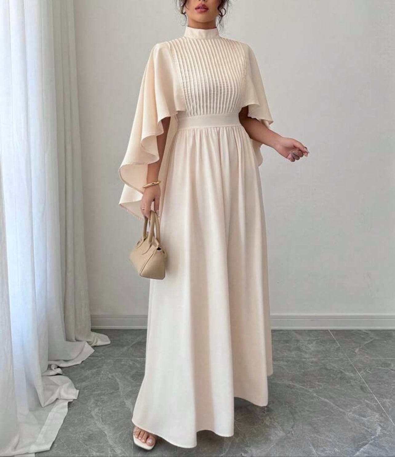 Elegant Ivory Maxi Dress With Flowing Cape — Elegant Modest Dresses