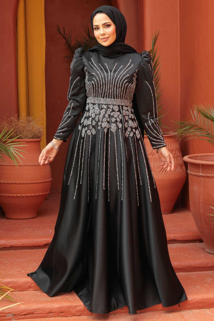 Black Embellished Satin Evening Gown — Elegant Modest Dresses