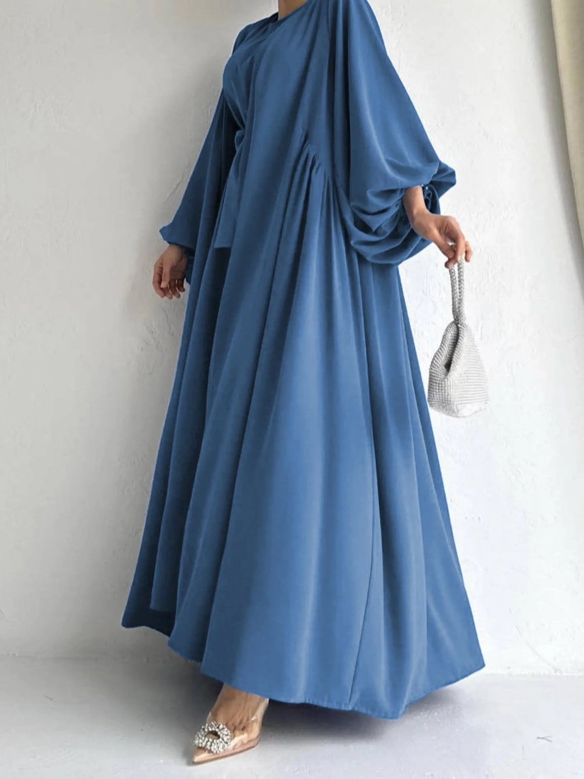 Blue Crepe Maxi Dress With Voluminous Sleeves — Elegant Modest Dresses