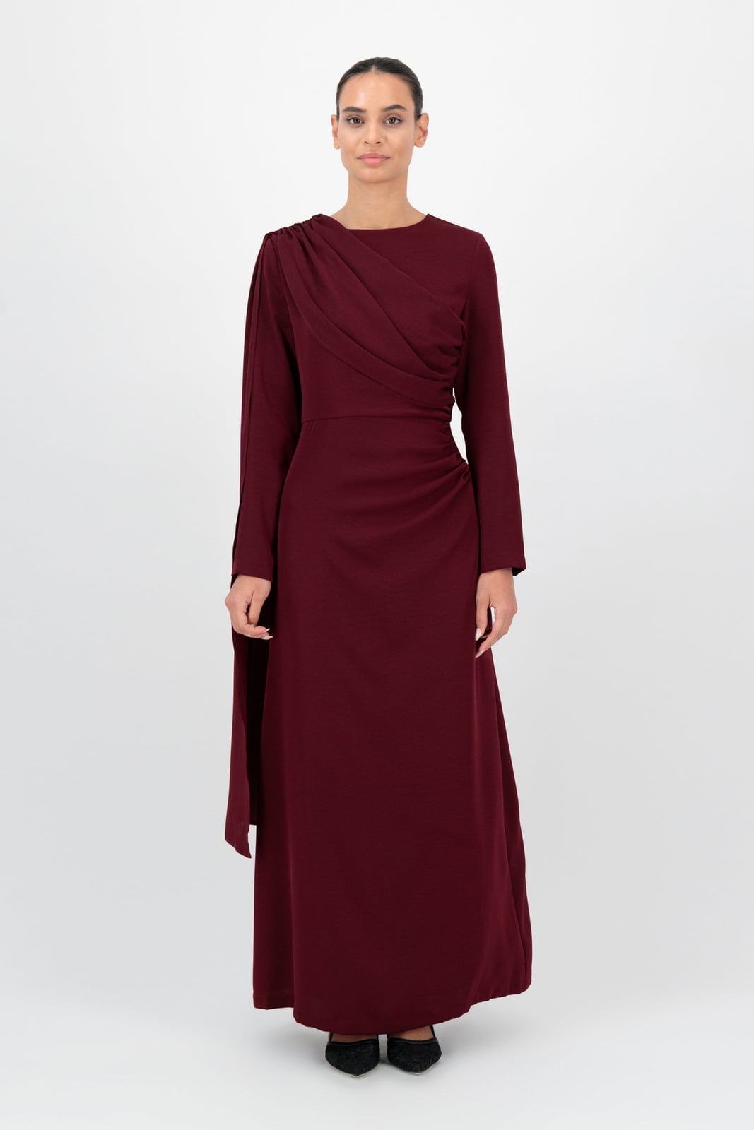 Deep Red Crepe A-Line Dress With Draped Shoulder — Elegant Modest Dresses