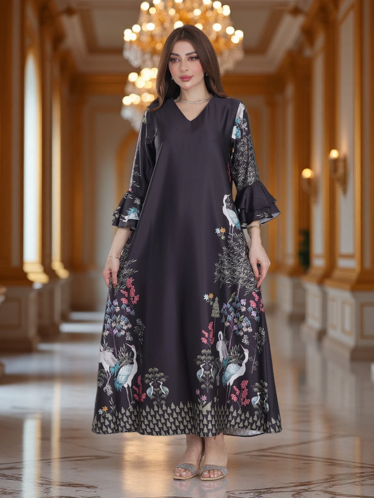 Dark Gray Satin Midi Dress With Botanical Print — Elegant Modest Dresses