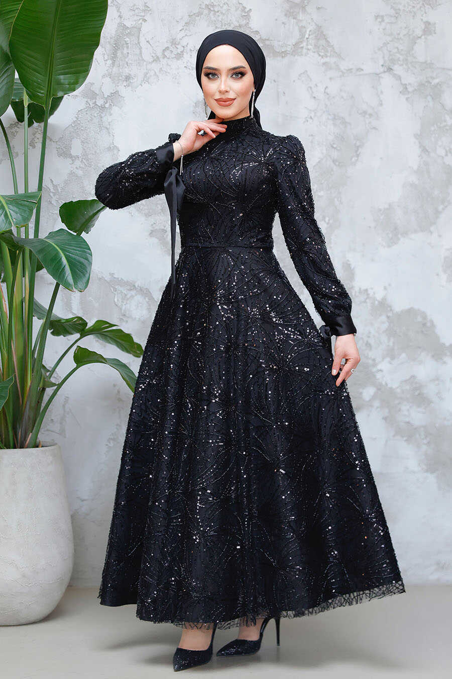 Black Sequined A-Line Gown — Elegant Modest Dresses