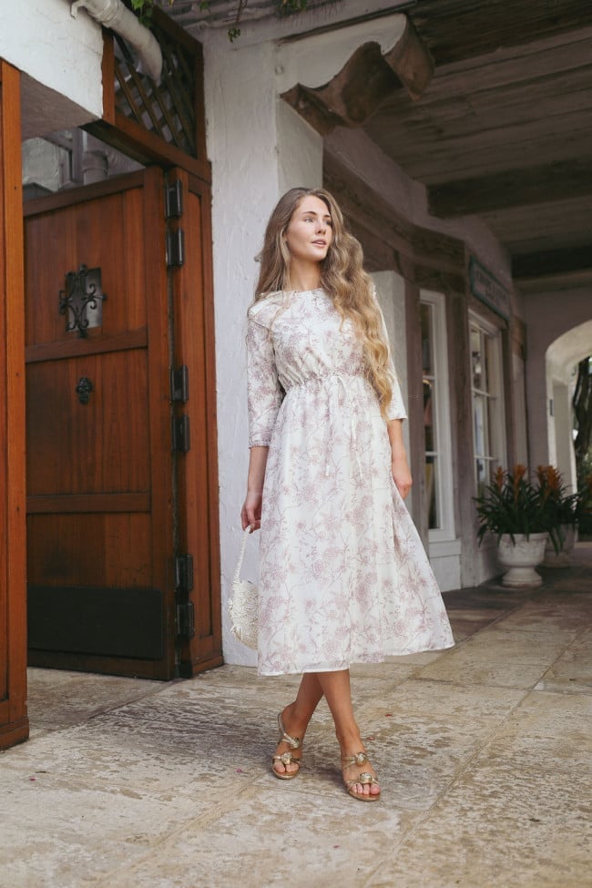 White Floral Print Midi Dress With Cinched Waist — Elegant Modest Dresses