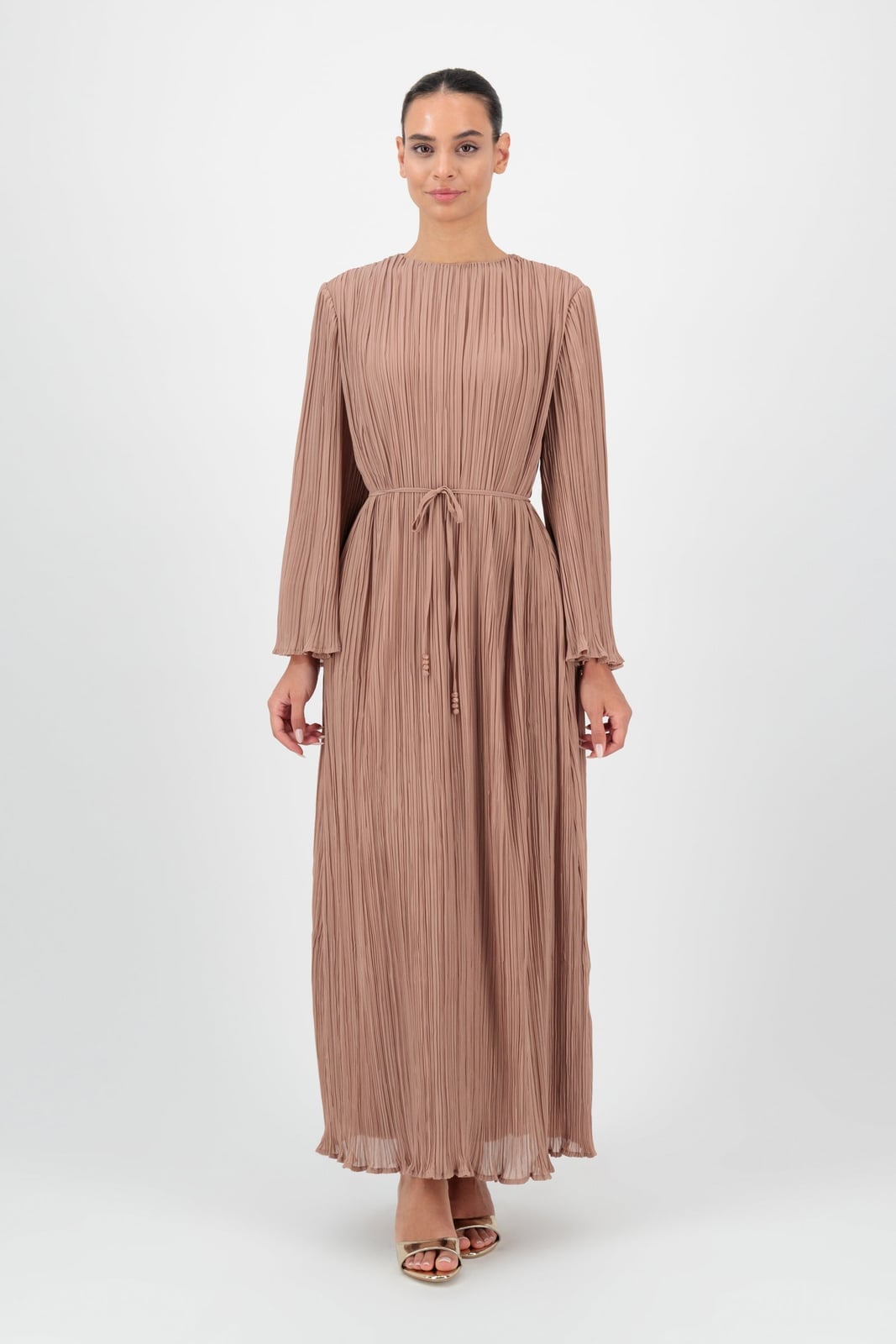 Taupe Plisse Maxi Dress With Tie Waist — Elegant Modest Dresses