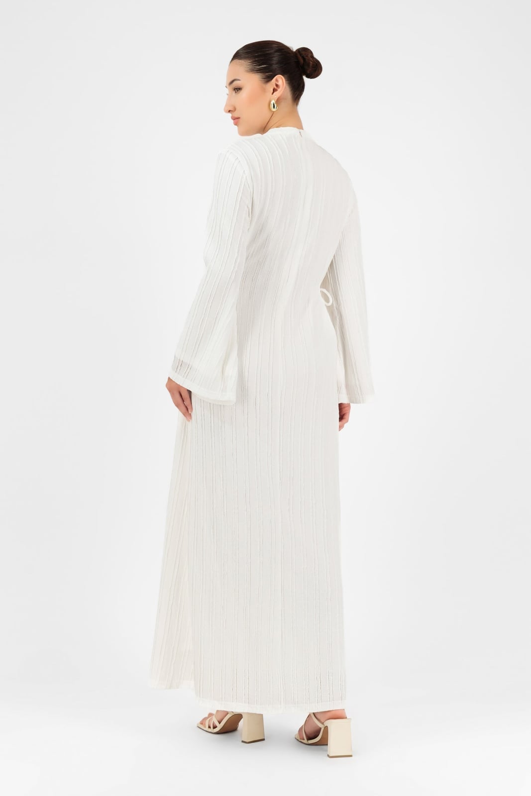 White Textured Long Sleeve Dress With Bell Sleeves — Elegant Modest Dresses