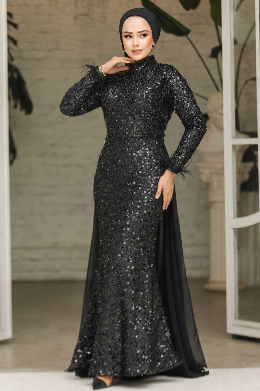 Black Sequined Mermaid Dress With Feather Trim — Elegant Modest Dresses