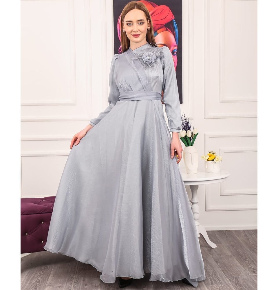 Light Gray Shimmering Wrap Dress With Brooch — Elegant Modest Dresses