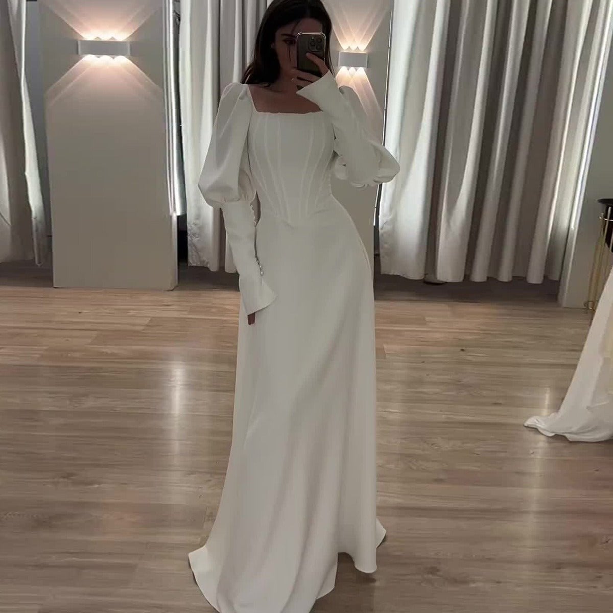 White Square Neck Dress With Bubble Sleeves — Elegant Modest Dresses