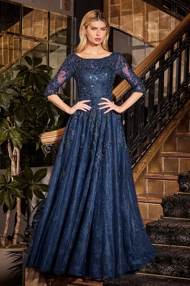 Navy Blue Sequin Embellished A-Line Gown — Elegant Modest Dresses