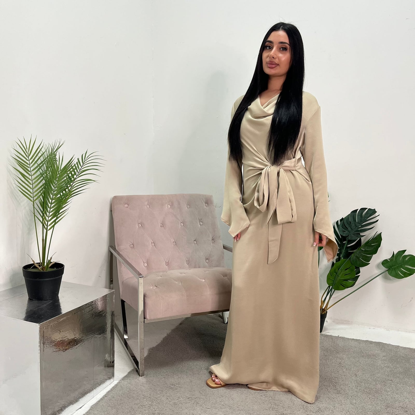 Beige Draped Dress With Cowl Neck, Satin-Like Fabric — Elegant Modest Dresses