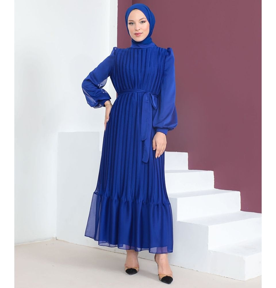 Royal Blue Pleated Chiffon Fit And Flare Dress — Elegant Modest Dresses