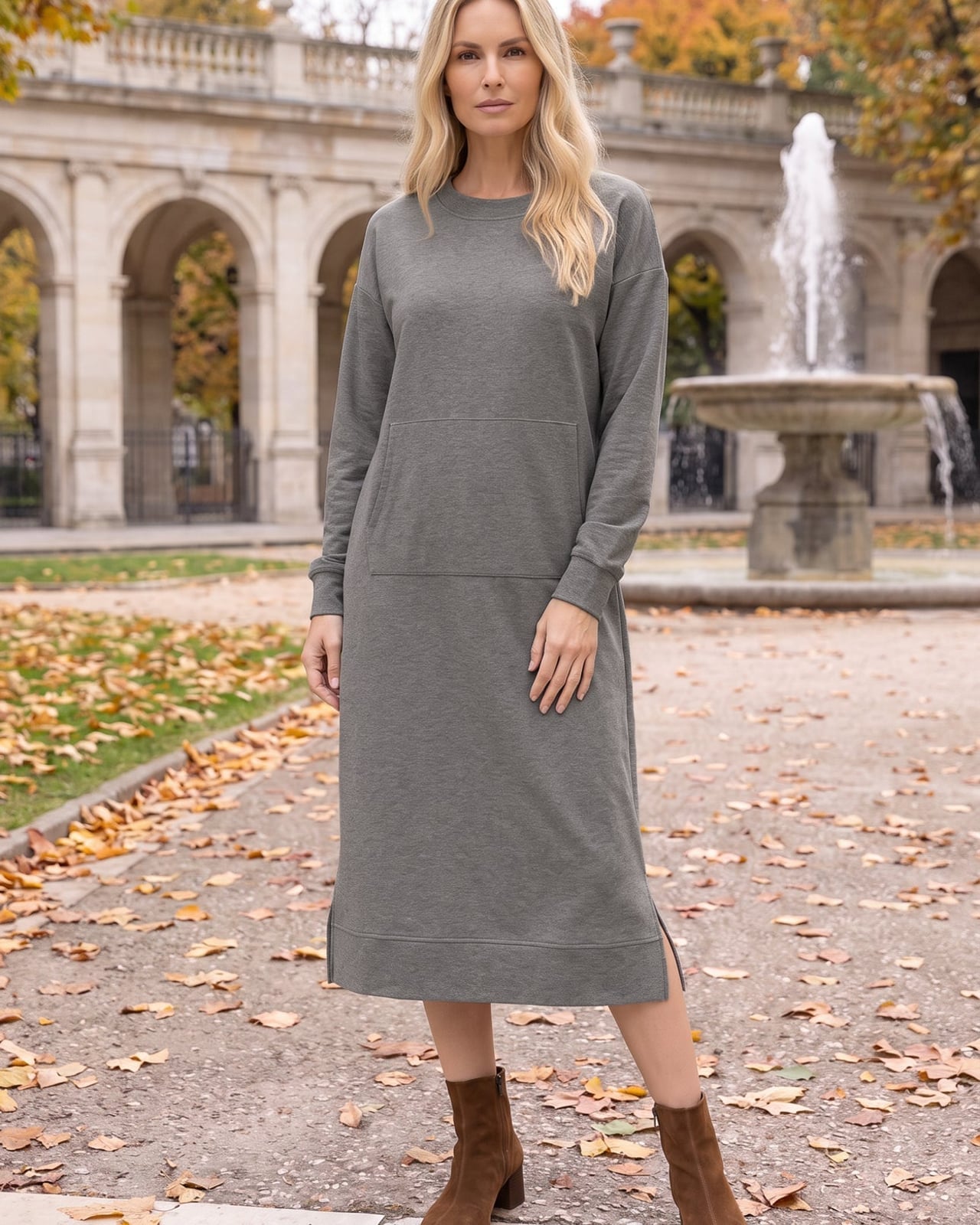 Gray Sweatshirt Material Midi Dress With Pocket — Elegant Modest Dresses